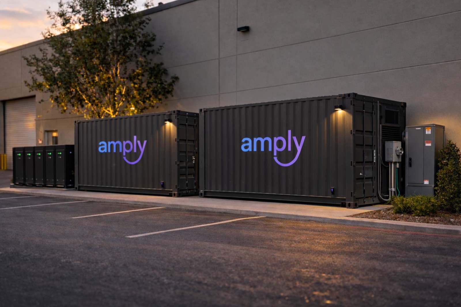 Amply units installed on site at dusk.